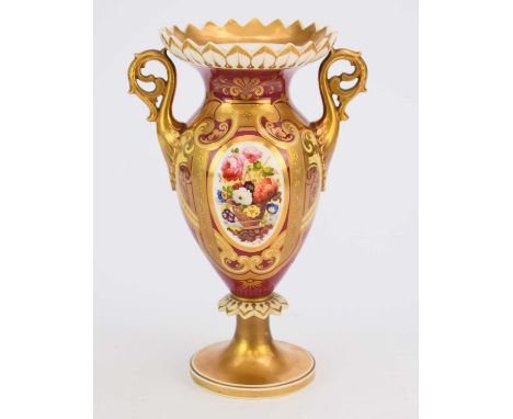 H&R Daniel - A twin-handled vase circa 1825-30 pattern 159, the maroon-red ground with a finely painted oval white panel cont
