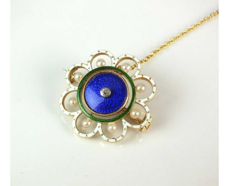 A diamond, seed pearl and enamel brooch, designed as a central old cut diamond set to blue enamel circular plaque within a gr