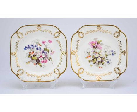 H&R Daniel - A pair of square porcelain cabinet plates, circa 1824 pattern number 3902, of 'cusped' shape with ribbon and wre