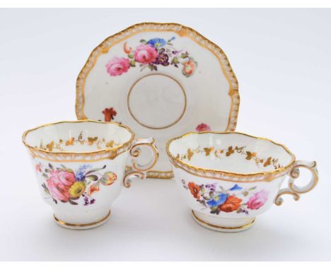 H&amp;R Daniel - A trio of teacup, coffee cup, and saucer, circa 1824of 'First Gadroon' form, pattern 3907, enamelled with ni