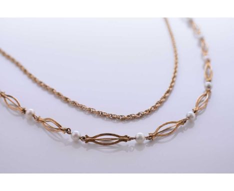 A 9ct gold cultured pearl set necklace, designed as a 9ct yellow gold rope twist chain with attached textured cage link chain