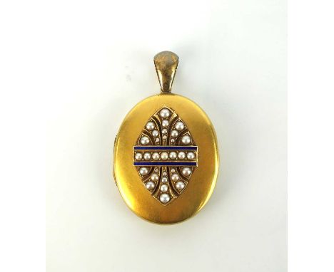 A late 19th century seed pearl and enamel locket, the yellow metal oval locket mounted with graduated split seed pearls in ma