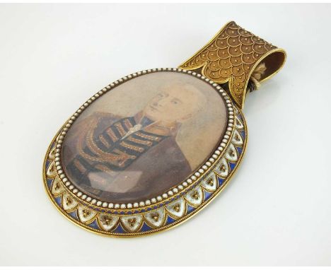 A mid-late 19th century oval pendant mount for portrait miniatures, probably by John Brogden, the yellow metal mount with blu