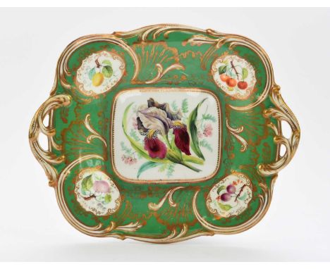 H&amp;R Daniel - A low pedestal dessert dish, circa 1844-46of rectangular 'Savoy' form with twin pierced handles, green groun