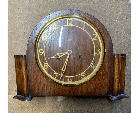 British Made 1940s Smiths English Clocks Ltd. Art Deco Enfield chime mantel clock with oak body and brass face, single chime 