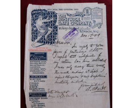 The Bostwick Gate Company - 1909  Engraved letter-headed letters (2), Invincible Gates, Prize Medal 1900 Paris Exhibition etc