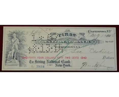 USA First National Bank Cooperstown N.Y. Used Order, 23 Oct 1912 black on cream. Vignette Leatherstocking. Printer: Dennison 
