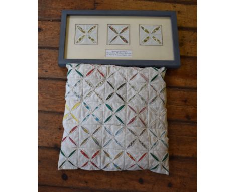Quilt - Cushion and Sampler, 1984. Framed by V. Heath. Cushion measures approx 13" x 13". Frame measures approx 16" x 8". Ver