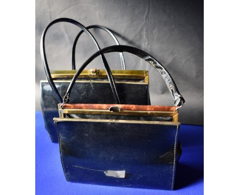 Handbags x2. Vintage evening handbags, black, shiny. One made by Hilmar of Manchester. Measures approx. 10" x 8" and 11" x 8"