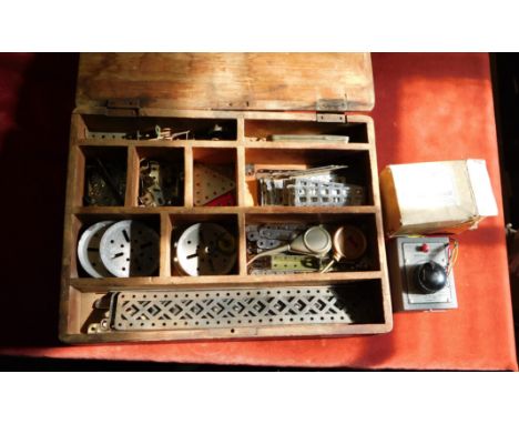 Meccano. Assorted collection of vintage (and modern) Meccano in Wooden box. Measures approx 15" x 11". Good condition. Broken