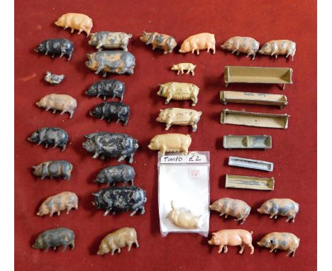 Britains / Johillco (and other makes) - Collection of lead farm animals, mostly Pigs. (approx. x35 items). inc troughs. All h