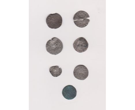 Edward I Pennies x4 all London, a James I half Groat, a Charles I Tower mint half-groat and a Richmond Farthing. Poor to fine