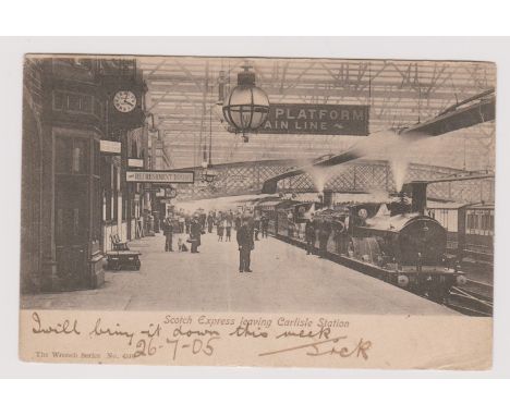 Postcard - Railway. Scotch Express leaving Carlisle Station. Interior, platform, much activity, steam locos etc. Used 1905.