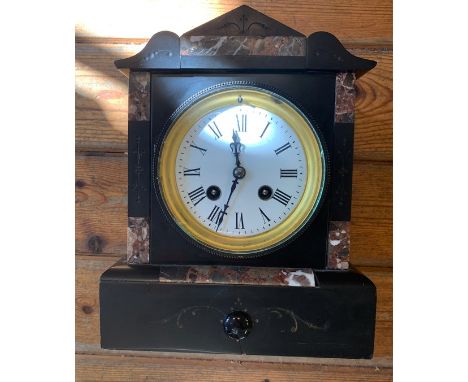 French Marble Chiming Mantel Clock. Made in the 1880s. Contrasting slate and marble case and perfect enamelled dial. Some wea