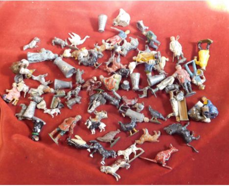 Britains  / Johillco (and other makes) - Collection of lead farm animals and figures, inc trough, churns and bucket (approx. 