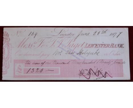 T &amp; T.T. Paget Leicester Bank 1887 cheque for E', 320 Pounds. Pink on white, order