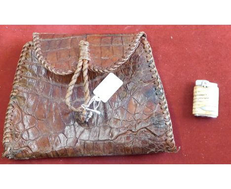 Leather Handbag and Ronson Lighter. Handmade leather handbag, good condition, measures approx 9" x 7". PLUS Ronson Lighter 'C