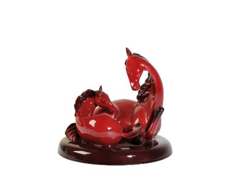 ROYAL DOULTON: A "GIFT OF LIFE" FLAMBE GROUP, modelled as a mare and foul, no. HN3536, printed marks, 24cm dia x 22cm high  C