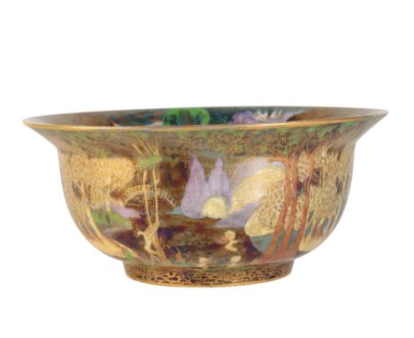 DAISY MAKEIG-JONES (1881 - 1945): A WEDGWOOD FAIRYLAND LUSTRE BOWL, circular form, pattern no. Z4968, the exterior decorated 