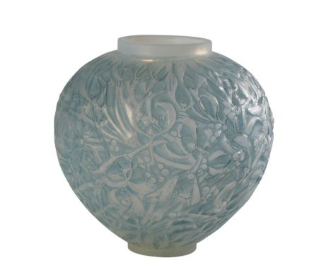 RENE LALIQUE: A "GUI" BLUE STAINED GLASS VASE, c.1920, no.948, globular form, moulded with mistletoe, stamped markings, 16.5c