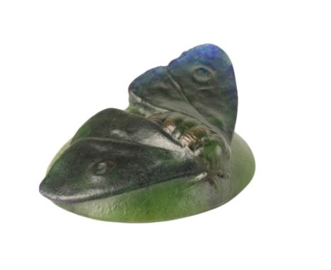 HENRI BERGE FOR AMALRIC WALTER: A PATE DE VERRE GLASS PAPERWEIGHT, modelled in the form of a butterfly, on a circular green b