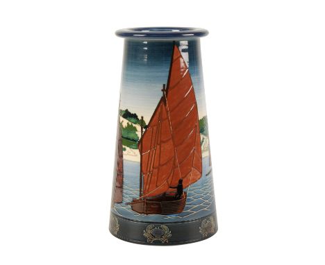 DENNIS CHINAWORKS: A "BEER LUGGER NIGHT TIME" TRIAL VASE, c. 2011, tapering cylindrical form with everted rim, tubeline decor