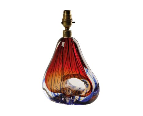 ITALIAN "MURANO" GLASS LAMP BASE, teardrop form, the red glass ground with blue ribbon swirls, 29cm high Condition Report: It