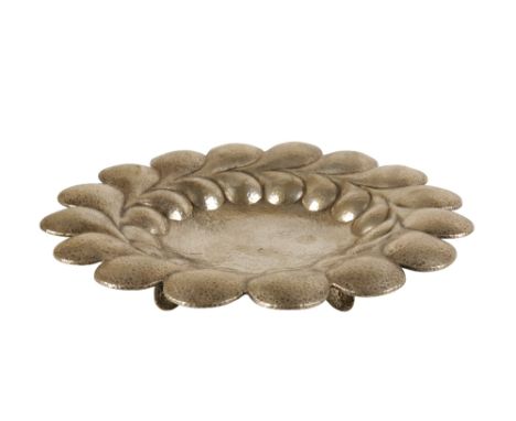 ARTS AND CRAFTS SILVER FOOTED DISH, probably Austrian, makers mark KA, shaped circular form, embossed, with spot hammered dec