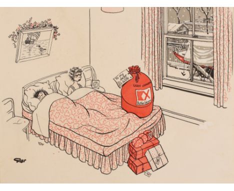 •RONALD 'CARL' GILES (1916-1995) 'To my dear Wife' a cartoon study of a couple in bed on Christmas Eve, signed lower left, pe