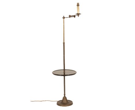 AESTHETIC MOVEMENT BRASS STANDARD LAMP, with scissor mechanism, central circular ebonised shelf, on a tulip form base, 115cm 