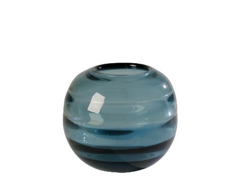 EDWARD HALD FOR ORREFORS: AN " OPTIC " GLASS VASE, of spherical form with internal optic bands, blue ground, signed, 15cm hig