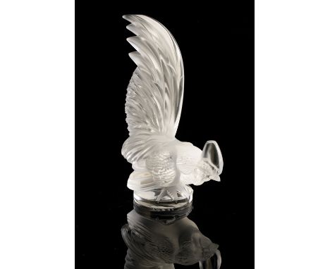 LALIQUE: A "COQ NAIN" FROSTED AND CLEAR GLASS PAPERWEIGHT, modelled in the form of a cockerel, with raised plumage, signed ma
