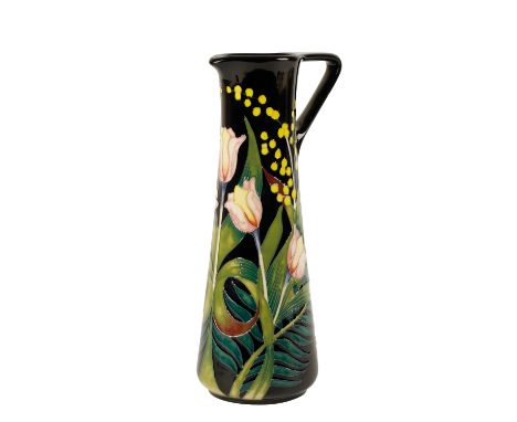 MOORCROFT: A "MIMOSA" TRIAL JUG, tapering cylindrical form with angular handle, tubeline decorated and painted in polychrome 
