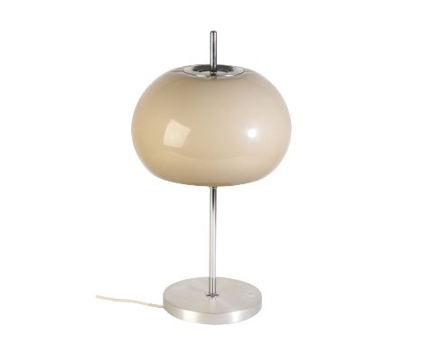 HARVEY GUZZINI: A MUSHROOM TABLE LAMP, with grey circular acrylic shade, chrome and brushed stainless steel base, 50cm high  