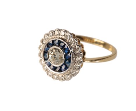 ART DECO STYLE SAPPHIRE AND DIAMOND RING, approx 0.80ct total, on an 18ct yellow gold shank, ring size O  Condition Report: o