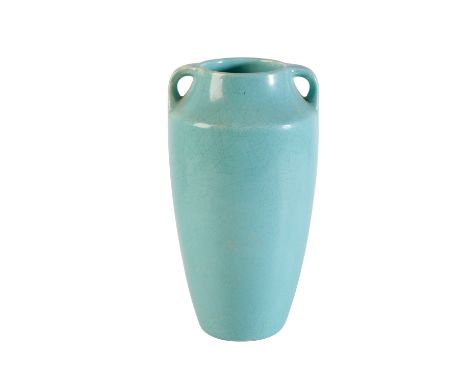 ART DECO TURQUOISE CRACKLE GLAZE POTTERY VASE, shouldered form with twin handles, 28cm high  Condition Report: Item appears t