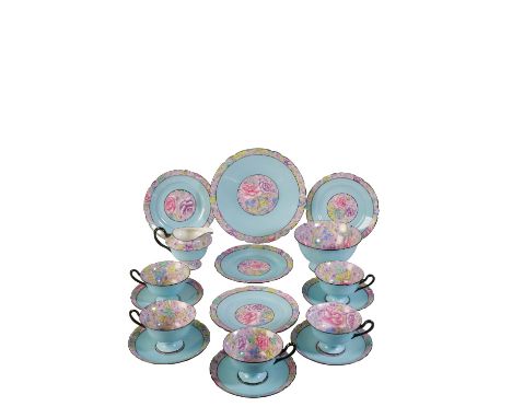 SHELLEY: A "SWANSEA LACE" CHINTZ TEA SET, comprising six cups and saucers, six side plates, milk jug, sugar bowl and cake pla