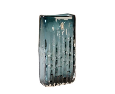 GEOFFREY BAXTER FOR WHITEFRIARS: A "BAMBOO" GLASS VASE, rectangular form, decorated in the Indigo colourway, paper label, 21c