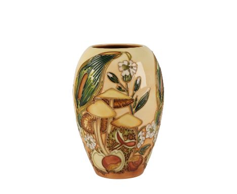 MOORCROFT: AN "UNDERWOOD" LIMITED EDITION VASE, c.1998, oviform and tubeline decorated with toadstools and flowers on a peach