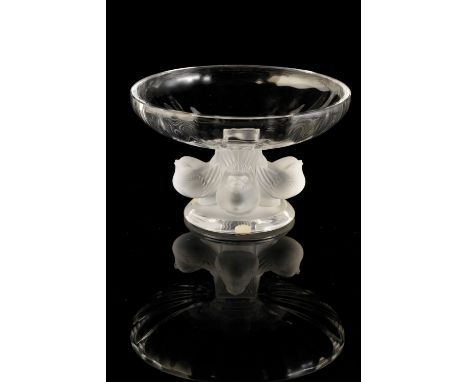 LALIQUE: A "NOGENT" FROSTED AND CLEAR GLASS PEDESTAL BOWL, no.1105100, the clear glass bowl supported by four frosted glass b