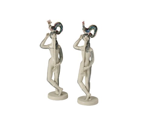BELE BACHAM FOR ROSENTHAL: A PAIR OF PORCELAIN FIGURES, modelled as a pair of female figures playing flutes with polychrome p