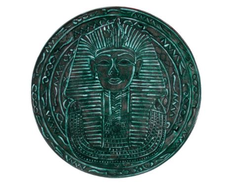 POOLE POTTERY STUDIO "TUTANKHAMUN" CHARGER, circular form, designed by Nikki Massarella, painted and printed marks, 41cm dia 