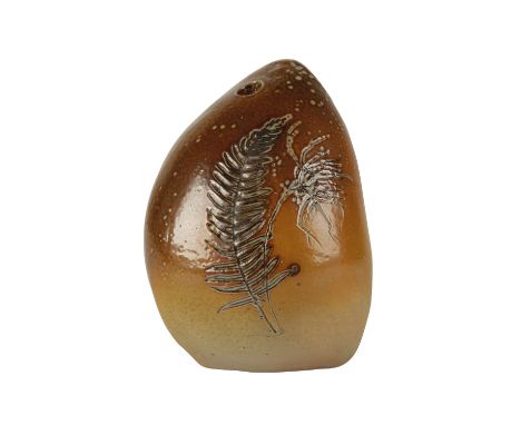 GUY SYDENHAM (1916 - 2005): A STONEWARE PEN POT, pebble form, both sides incised with wild flowers and fern leaves, one hole,