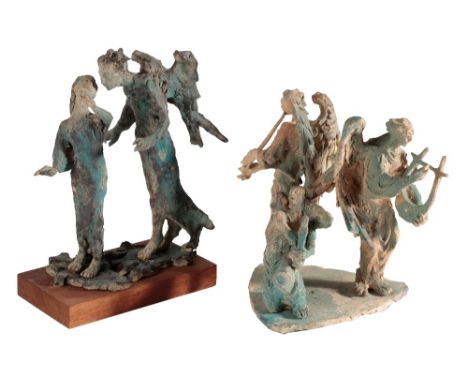 •LESLIE CHARLOTTE BENENSON R.E. (1941 - 2018): A PATINATED CLAY SCULPTURE, modelled as a study of three winged figures playin