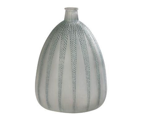 RENE LALIQUE: A "MIMOSA" BLUE TINTED FROSTED GLASS VASE, c. 1921, no. 953, ovoid form, raised stem neck, moulded with vertica