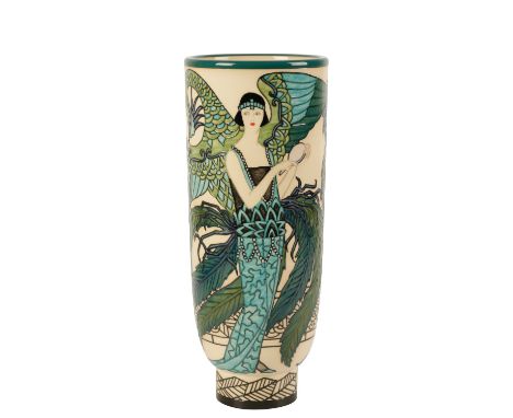 DENNIS CHINAWORKS: A "PHOENIX" TRIAL VASE, c. 2014, tapering cylindrical form, tubeline decorated and painted in polychrome w