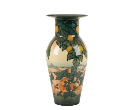 DENNIS CHINAWORKS: A "HARE IN AN ORANGE GROVE" LIMITED EDITION VASE, c. 2010, baluster form with everted rim, tubeline decora