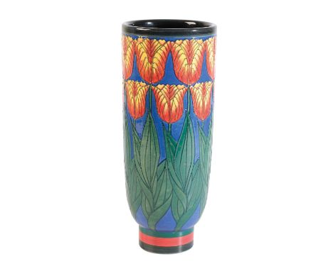 DENNIS CHINAWORKS: A "TULIP" TRIAL VASE, c.2010, cylindrical form, tubeline decorated in polychrome with wild tulips, designe