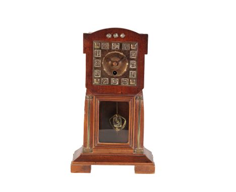 ART NOUVEAU MANTLE CLOCK, the square brass dial with Arabic numerals, the movement with shaped visual pendulum, housed in a w