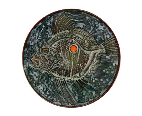 POOLE POTTERY STUDIO CHARGER, circular form, decorated with a John Dory fish, painted in polychrome, designed by Tony Morris,